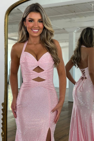 Cute Mermaid Sweetheart Neck Pink Hot Fix Satin Prom Dress with Slit -2