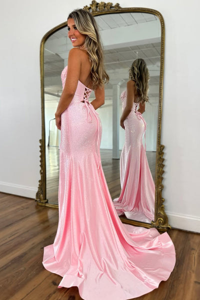 Cute Mermaid Sweetheart Neck Pink Hot Fix Satin Prom Dress with Slit -3