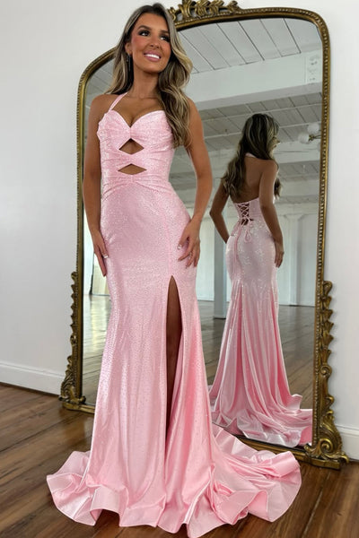 Cute Mermaid Sweetheart Neck Pink Hot Fix Satin Prom Dress with Slit 