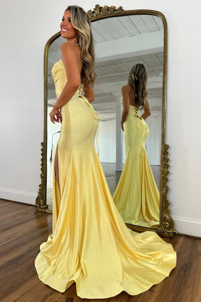 Cute Mermaid Sweetheart Neck Yellow Hot Fix Satin Prom Dress with Slit -2