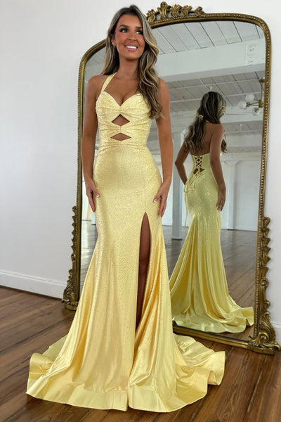 Cute Mermaid Sweetheart Neck Yellow Hot Fix Satin Prom Dress with Slit 