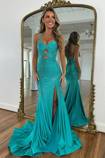 Cute Mermaid Sweetheart Neck peacock Hot Fix Satin Prom Dress with Slit 