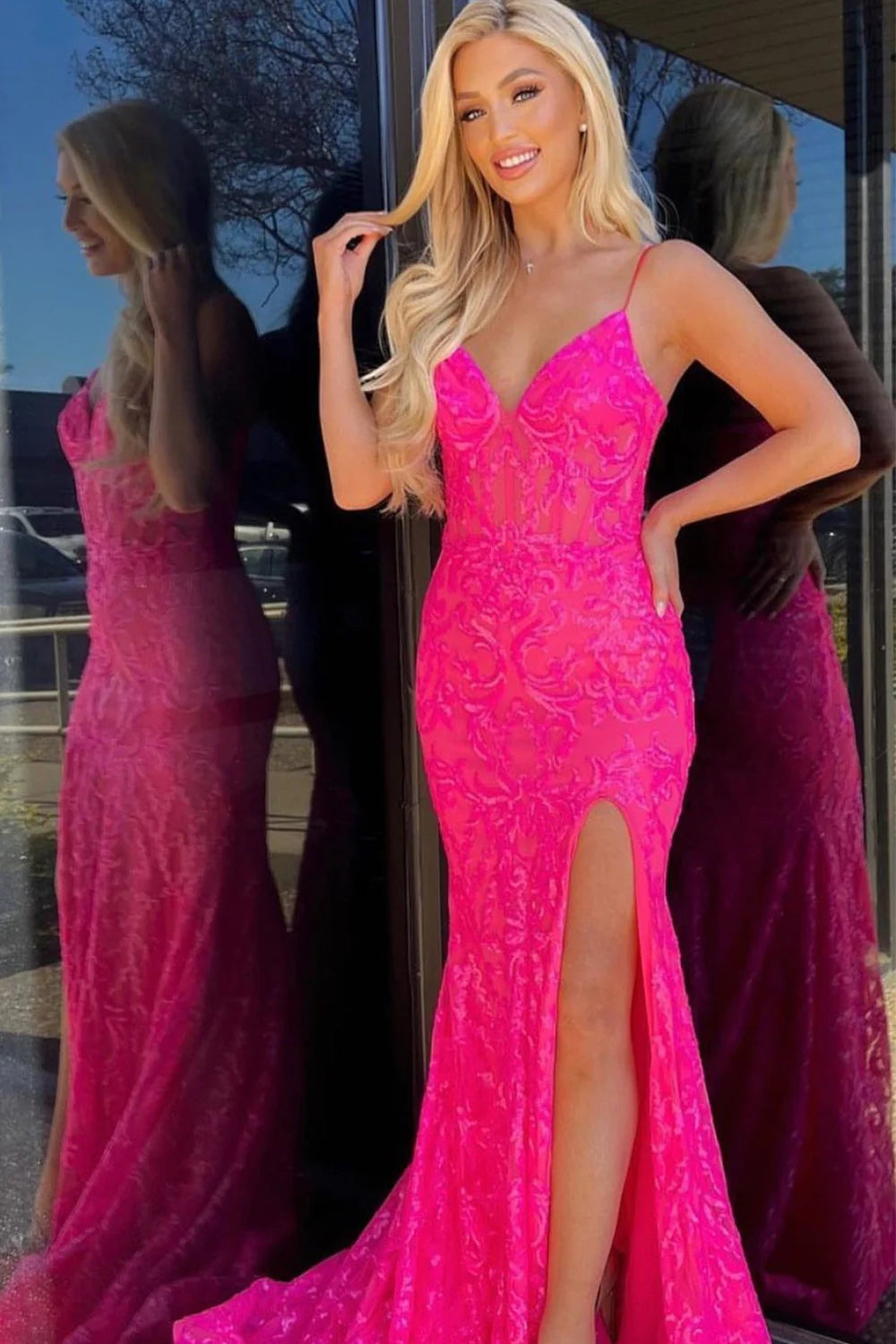 hot pink spaghetti strap dress Hot Pink Spaghetti Straps Long Prom Dress With Split Tulle Evening Dre SELINADRESS