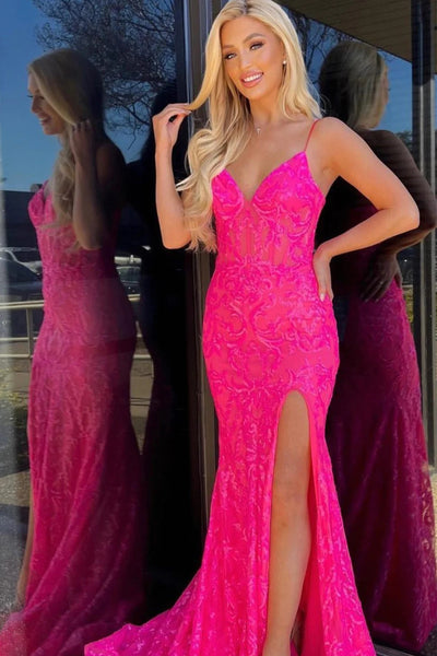 Cute Mermaid V Neck Hot Pink Mermaid Prom Dress VK23092304