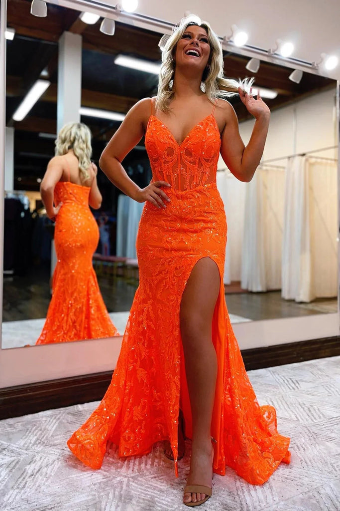hot pink and orange prom dress Wedtrend Women Sparkly Orange Prom Dress Mermaid Corset Long Evening Dress  With Slit – WEDTREND