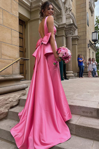 Cute Mermaid V Neck Pink Satin Long Prom Dresses with Big Bow VK23051006-1