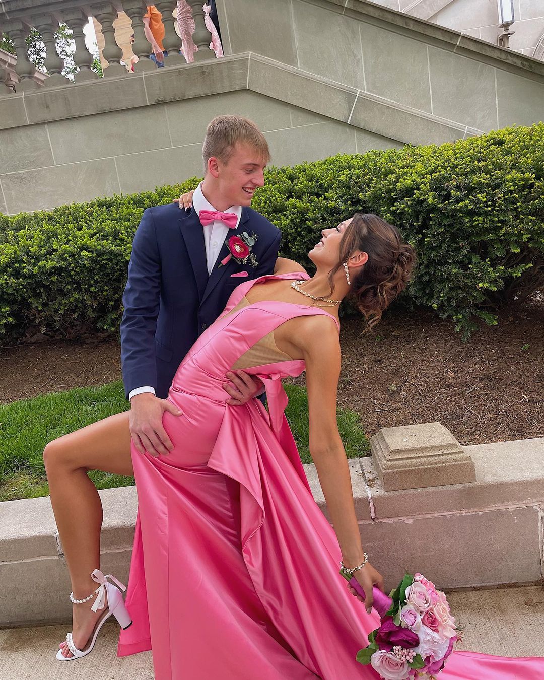 Cute Mermaid V Neck Pink Satin Long Prom Dresses with Big Bow VK23051006 Vickidress