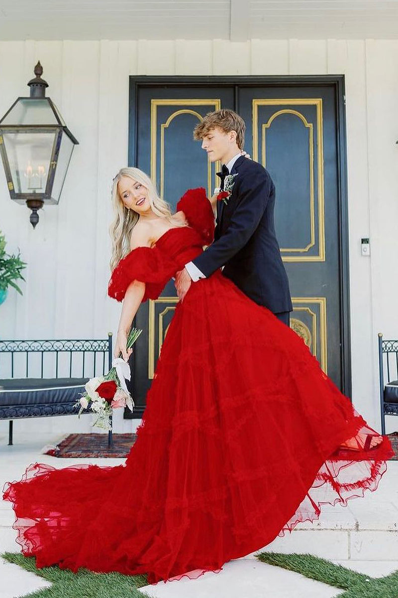 Cute Red Strapless Ruffle Tiered Tulle Prom Dresses with Sleeves VK0731153-1