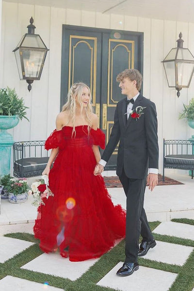 Cute Red Strapless Ruffle Tiered Tulle Prom Dresses with Sleeves VK0731153-2