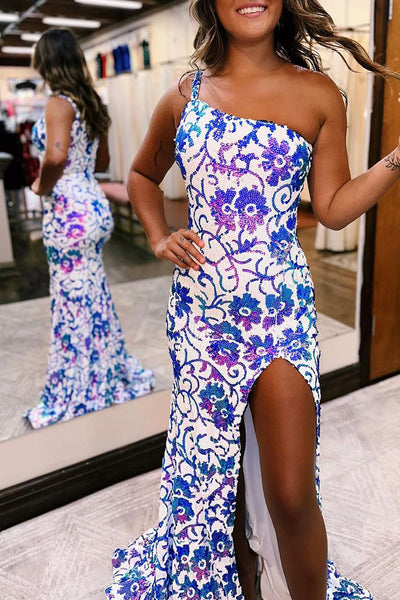 Cute Sparkly Mermaid One Shoulder Sequins Long Prom Dresses VK23101501