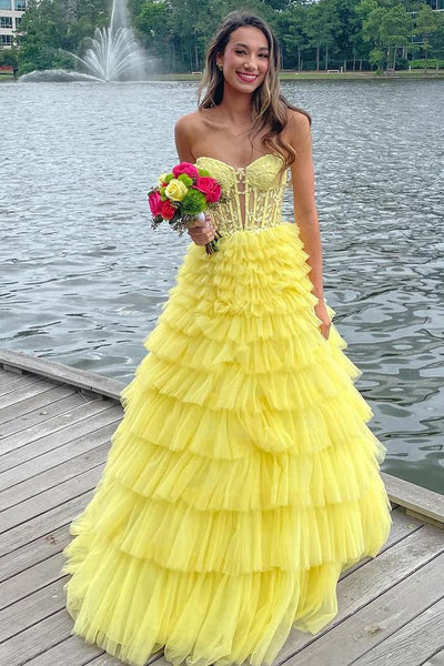 Cute Yellow Sweetheart Ruffle Tiered Tulle Long Prom Dresses VK0731155-2