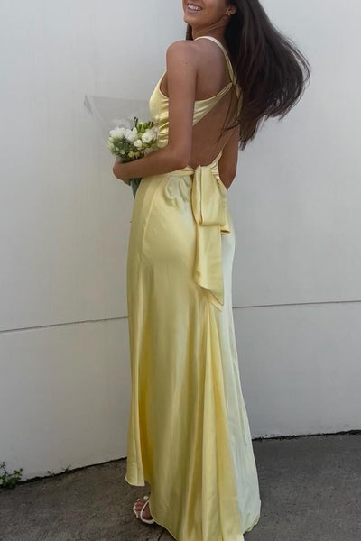 Lavender V-Neck Satin Front-knot Party Dress