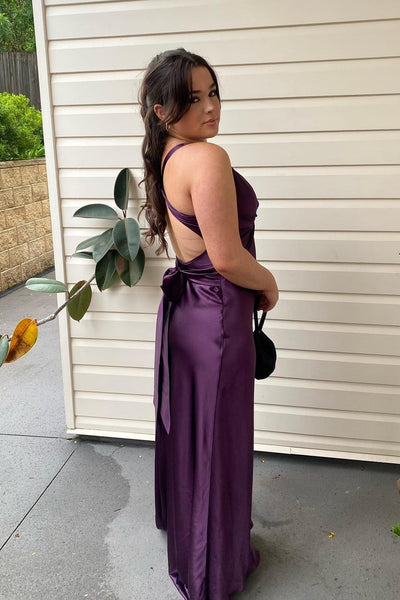 Lavender V-Neck Satin Front-knot Party Dress