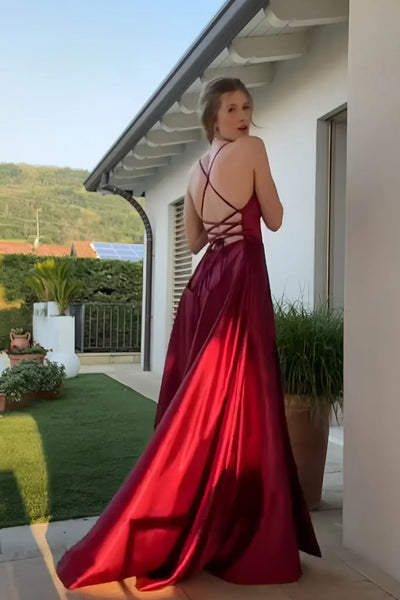 Red Spaghetti Strap Satin Long Dress