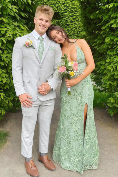Sage Green V Neck Fitted Long Prom Dress