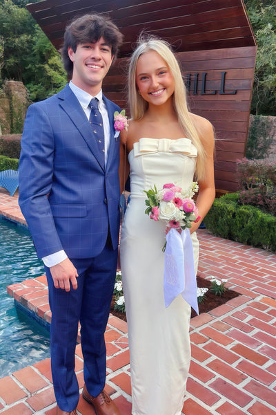 Light Yellow Strapless Bow Maxi Prom Dress