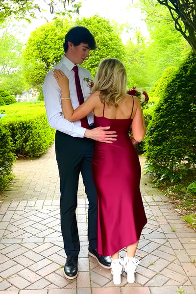 Burgundy Spaghetti Straps Asymmetric Hem Long Dress