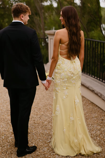 Yellow Floral Beaded Applique Mermaid Long Dress