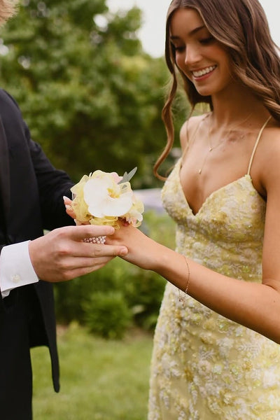 Yellow Floral Beaded Applique Mermaid Long Dress