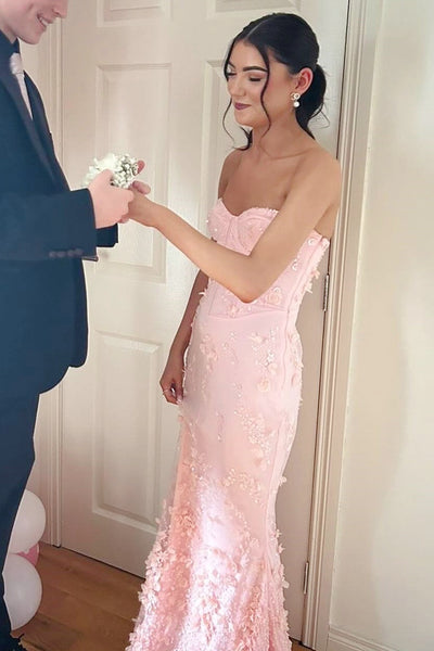 Mermaid Pink Tulle 3D Flowers Floor-length Prom Dresses