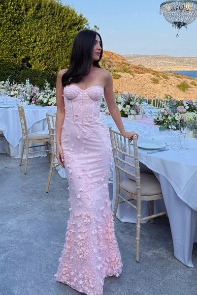 Mermaid Pink Tulle 3D Flowers Floor-length Prom Dresses
