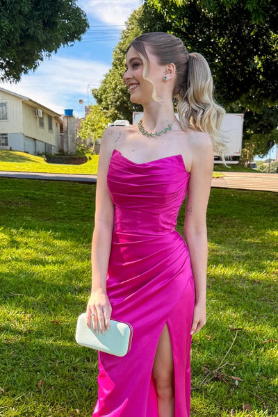 Strapless Fuchsia Satin Mermaid Long Formal Dress