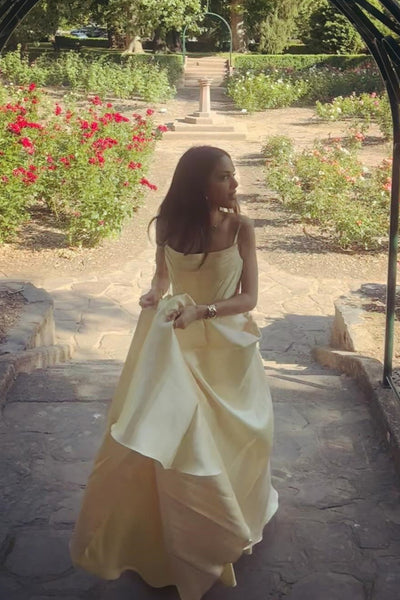Light Blue Satin Spaghetti-Strap A-Line Ball Gown Prom Dresses
