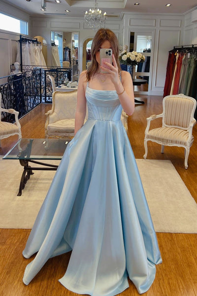 Light Blue Satin Spaghetti-Strap A-Line Ball Gown Prom Dresses