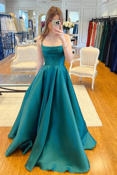 Light Blue Satin Spaghetti-Strap A-Line Ball Gown Prom Dresses