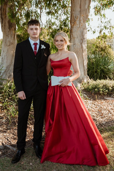 Red Strapless Side Slit Satin A-line Prom Gown