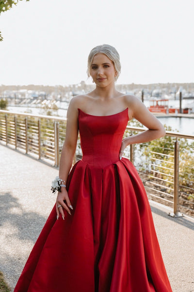 Red Strapless Side Slit Satin A-line Prom Gown