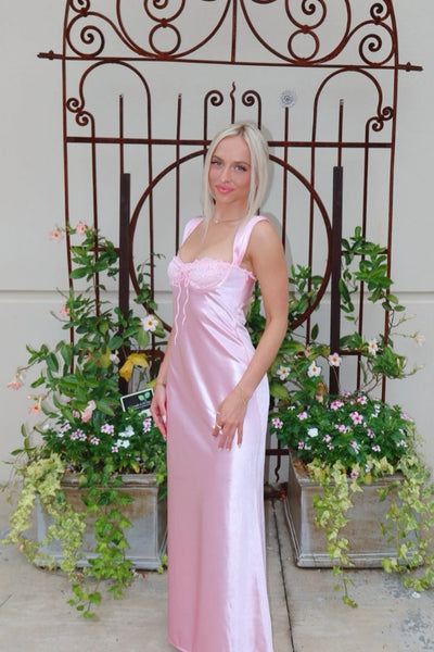 Pink Satin A-Line Lace Bust Long Prom Dress