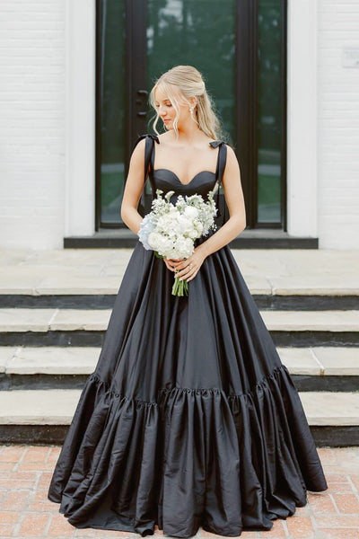 Black Sweetheart Bow-Strap A-line Satin Long Prom Dress