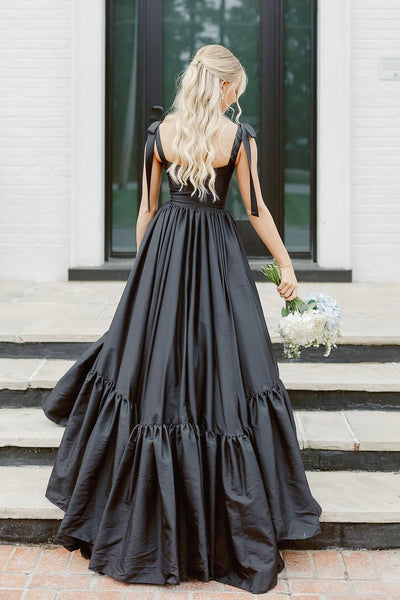 Black Sweetheart Bow-Strap A-line Satin Long Prom Dress