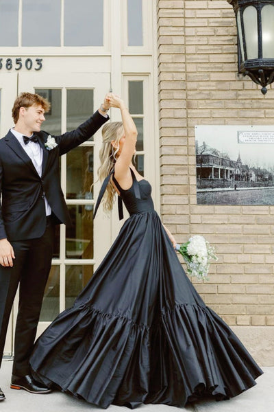 Black Sweetheart Bow-Strap A-line Satin Long Prom Dress