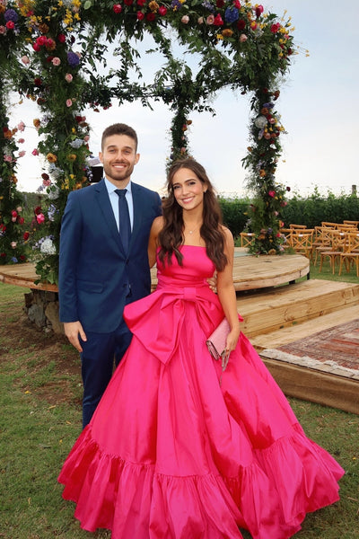 Hot Pink Strapless Front Bow A-line Long Prom Dress