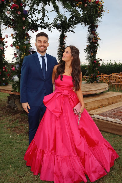 Hot Pink Strapless Front Bow A-line Long Prom Dress