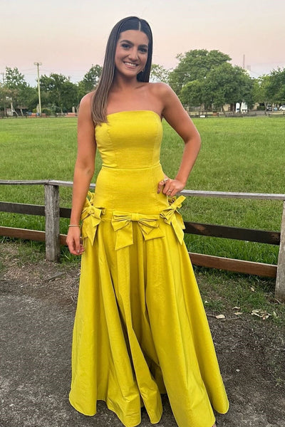 Ginger Yellow Strapless Bow-Detail A-line Long Prom Dress