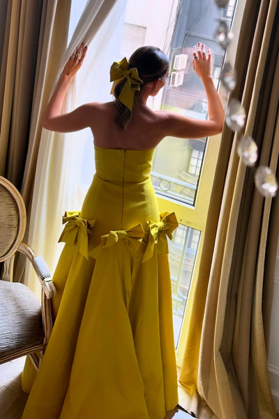Ginger Yellow Strapless Bow-Detail A-line Long Prom Dress