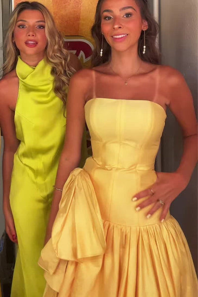 Yellow Strapless A-Line Ruffles and Bow Prom Dress