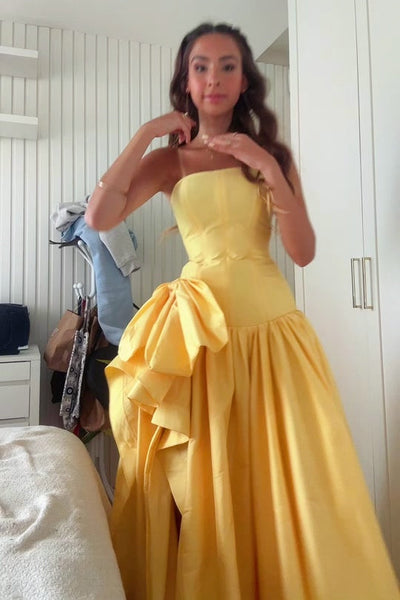 Yellow Strapless A-Line Ruffles and Bow Prom Dress