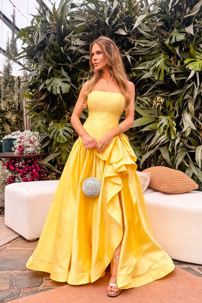 Yellow Strapless A-Line Ruffles and Bow Prom Dress