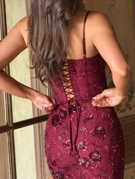 Spaghetti Straps Sleeveless Lace UP Flowers Mermaid Prom Dress