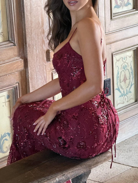Spaghetti Straps Sleeveless Lace UP Flowers Mermaid Prom Dress