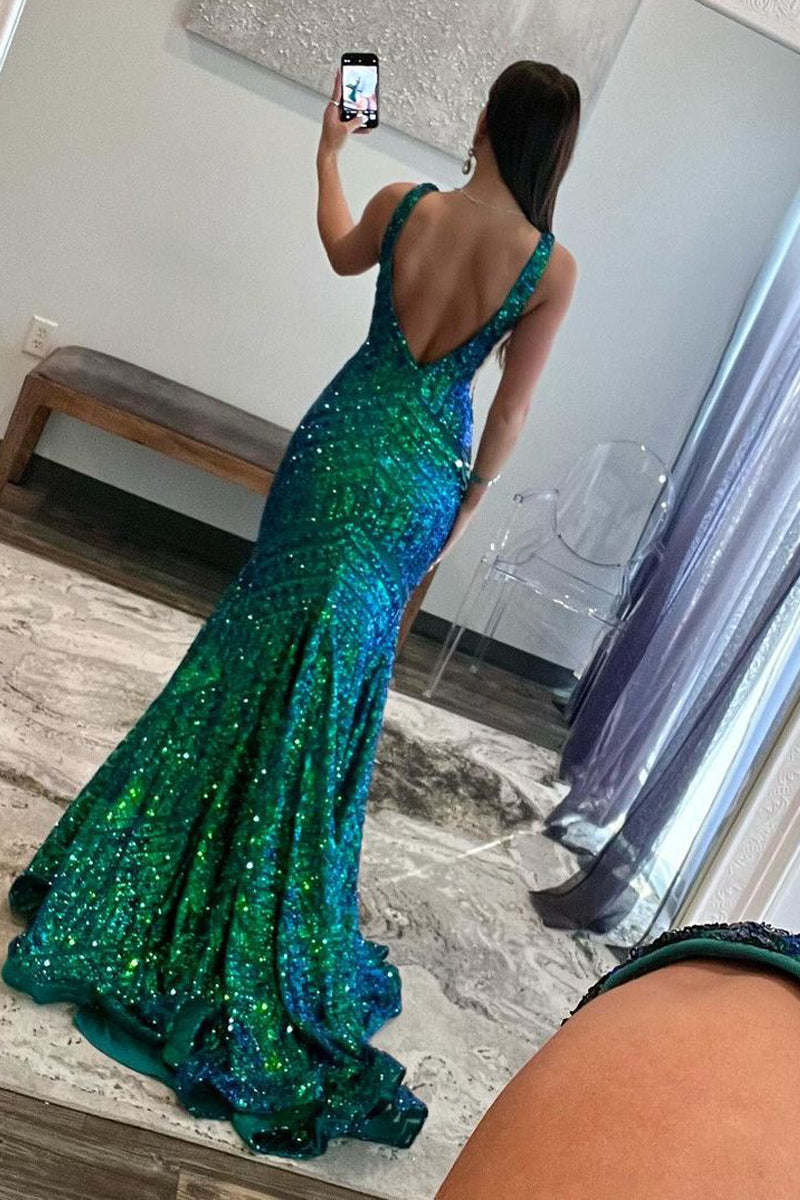 Dark Green Sequin Plunge V Mermaid Long Prom Dress VK23121302  Vickidress