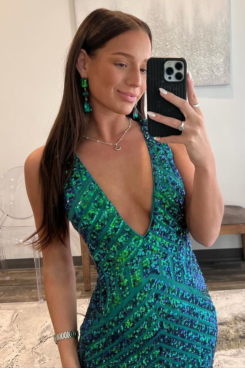 Dark Green Sequin Plunge V Mermaid Long Prom Dress VK23121302 Vickidress Dark Green Sequin Plunge V Mermaid Long Prom Dress VK23121302 Vickidress