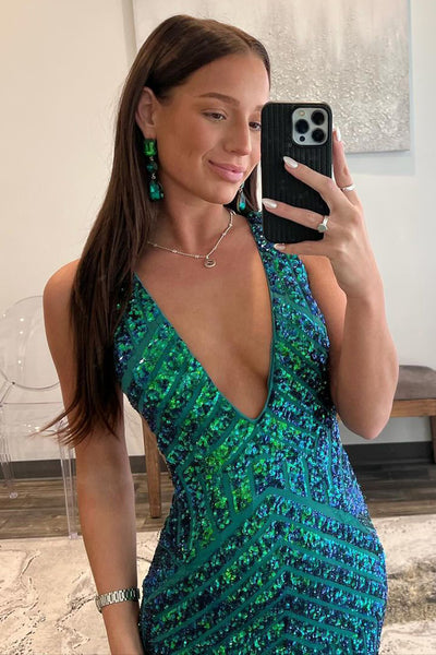 Dark Green Sequin Plunge V Mermaid Long Prom Dress VK23121302-4