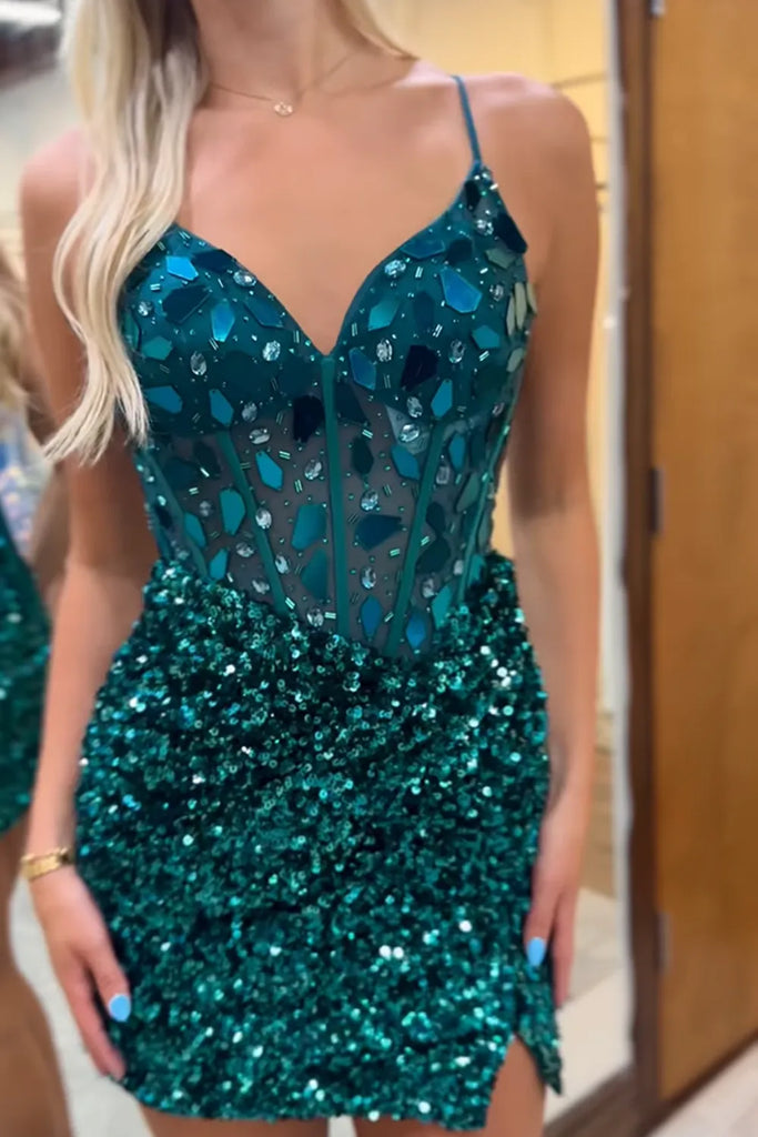 Bodycon V Neck Dark Green Sequins Short Homecoming Dresses with Mirror-cuts VK082106 Vickidress Bodycon V Neck Dark Green Sequins Short Homecoming Dresses with Mirror-cuts VK082106 Vickidress