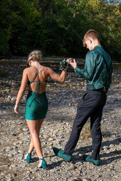 Dark Green Spaghetti Straps Short Homecoming Dresses with Beading VK23102301