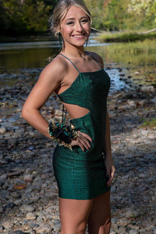 Dark Green Spaghetti Straps Short Homecoming Dresses with Beading VK23102301